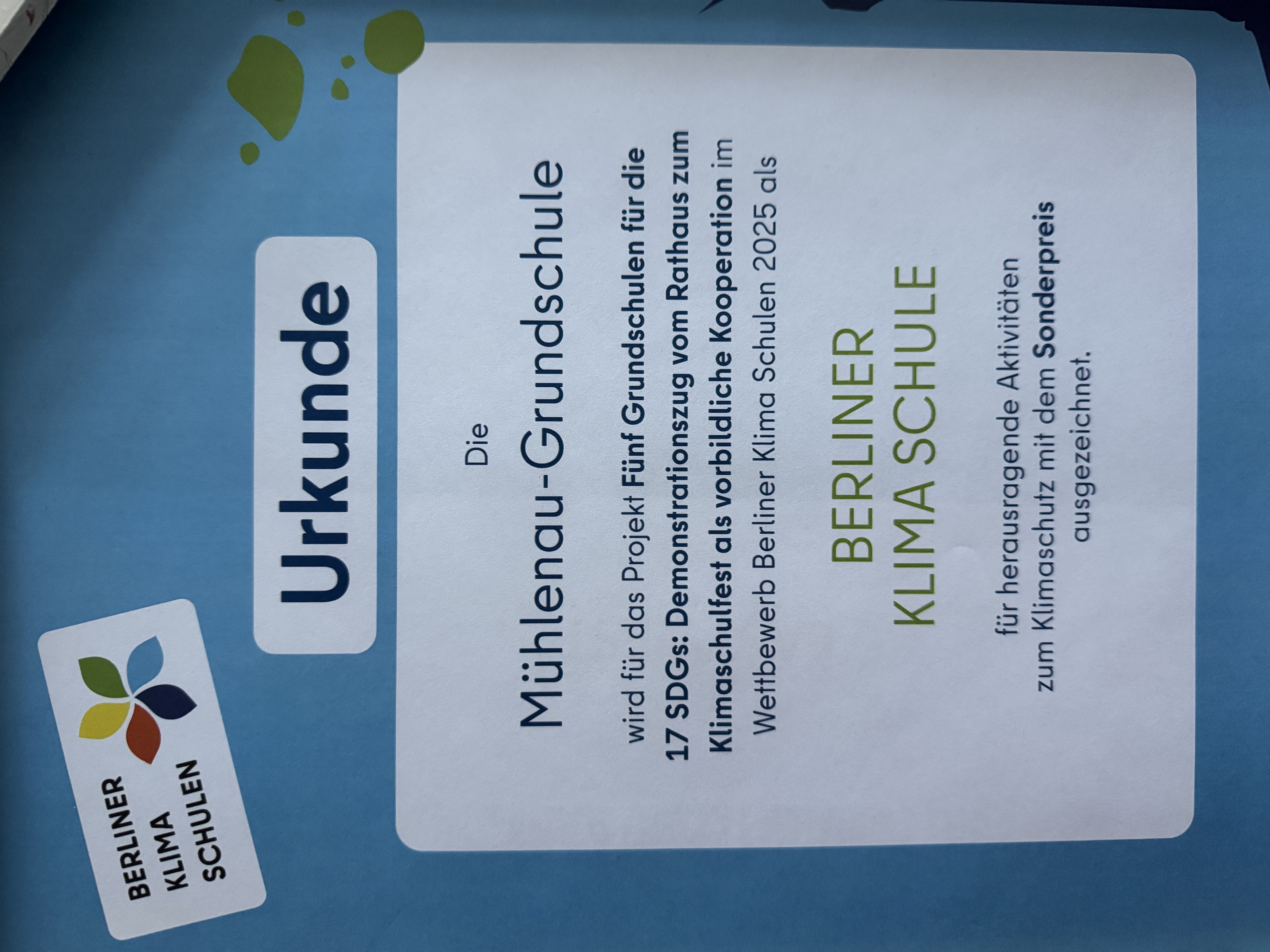 Urkunde Sonderpreis Klimaschule 2025